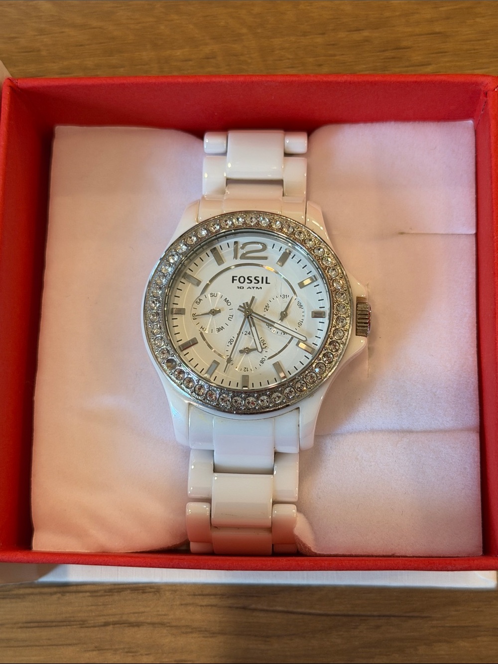 Fossil White Ceramic Watch with Faux Diamond Pave